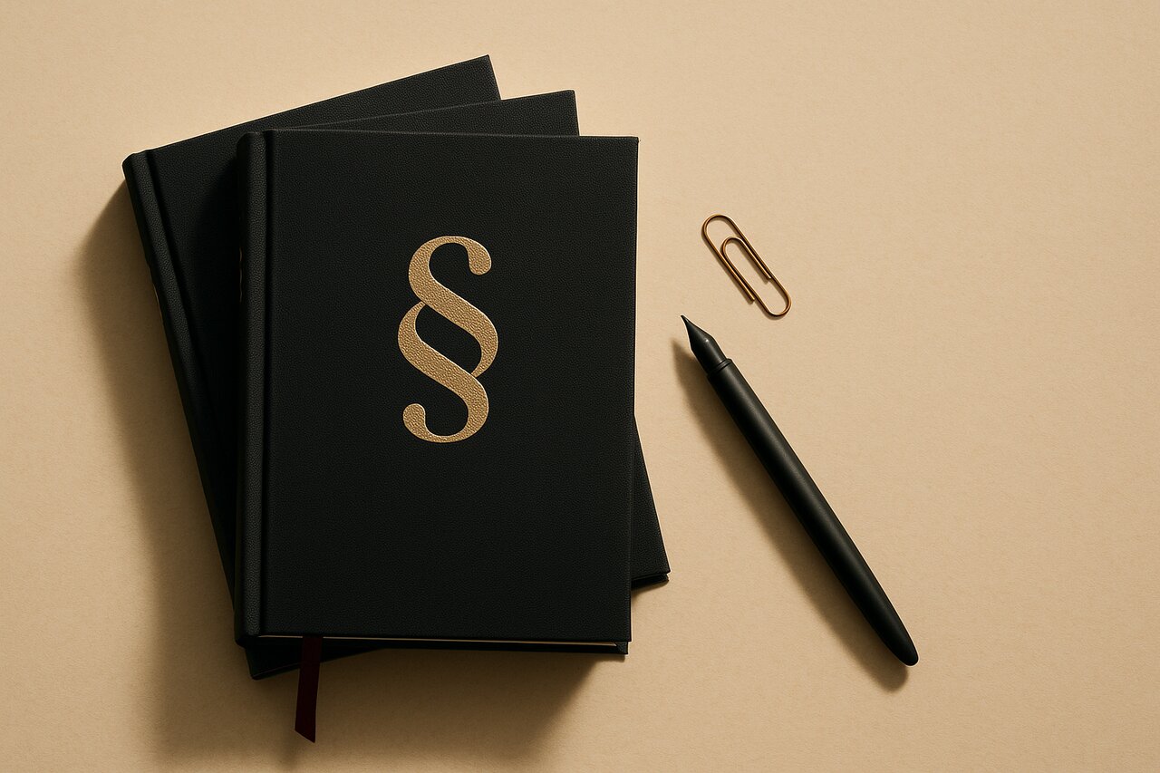 Law books with a gold § paragraph mark, fountain pen and paperclip on parchment